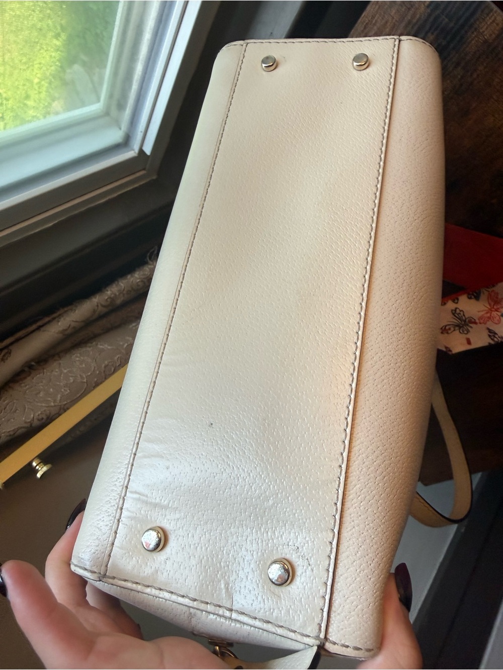 Kate Spade cream satchel with red and multicolor scarf tie. Very Good Condition - Picture 8 of 12